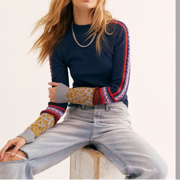 Free People Tops - Free People Switch It Up Crochet Trim Navy Mock Neck Thermal Top Size Small